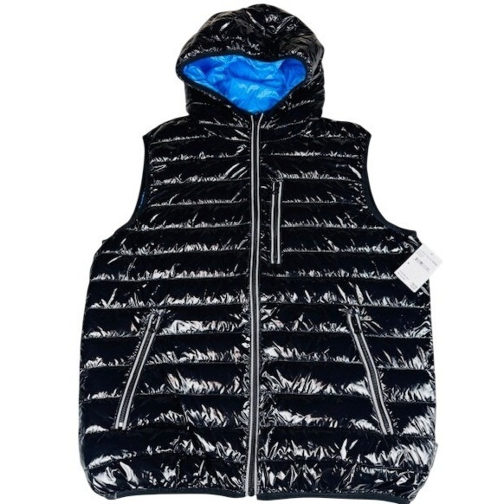 NWT Noize Men's Medium Hooded Puffer Vest Black‎ High Shine Gloss Blue Lining